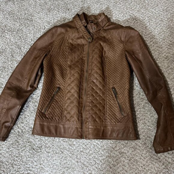 Guess Jacket Womens Medium Brown Quilted Faux Leather Moto Stand Collar Zipper - Picture 1 of 13